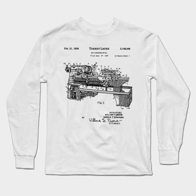 Lathe Patent 1939 Vintage Blueprint Machine Tool Inventions Long Sleeve T-Shirt by Anodyle